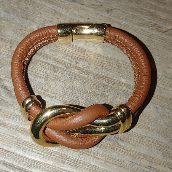Bracelet Bellezza Italy Knot Brown Leather Gold Tone Magnetic Closure Stamped - Picture 2 of 11